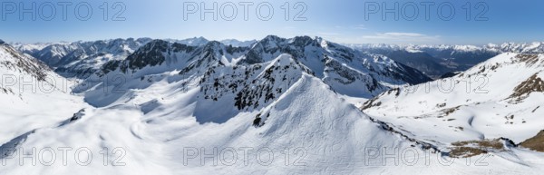 Alpine panorama, Mitterzeigerkogel, aerial view, peaks and mountains in winter, Sellraintal, Kühtai, Tyrol, Austria, Europe