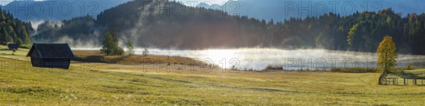 Sunrise and morning fog, Geroldsee, Klais near Mittenwald, Werdenfelser Land, Upper Bavaria, Bavaria, Germany, Europe