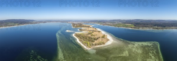 Aerial view, panorama of the Mettnau peninsula at low tide with shallows, danger to shipping traffic, Markelfinger Winkel on the right, Lake Zell on the left, Radolfzell on Lake Constance, district of Constance, Baden-Württemberg, Germany, Europe