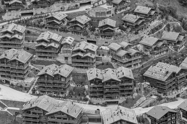 New wooden chalets, black and white photo, aerial view, Grimentz, Val d'Anniviers, Valais Alps, Canton Valais, Switzerland, Europe