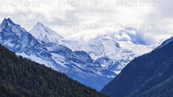 Snow-covered peaks of the mountains Le Besso, and Obergabelhorn, Val d'Anniviers, Valais Alps, Canton Valais, Switzerland, Europe