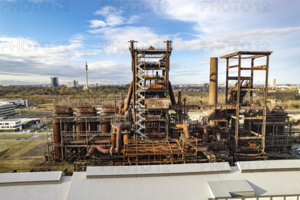Industrial ruins of the Phönix West blast furnace works in Dortmund seen from the air, North Rhine-Westphalia, Germany, Europe