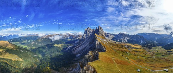 The peaks Sas Rigais and Furchetta of the Geisler group, wide-angle panoramic photo, drone photo, Val Gardena, Dolomites, Autonomous Province of Bolzano, South Tyrol, Italy, Europe