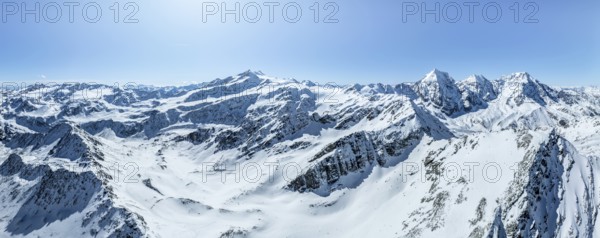 Aerial view, snow-covered mountain landscape, view of Cevedale, Ortler, Monte Zebrù, Königsspitze in the Ortler group, Trento, Italy, Europe