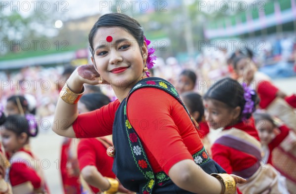 Participants with an instructor dance on the final day of a Bihu dance workshop ahead of Rongali Bihu Festival, in Guwahati, Assam, India on 12 April 2025
