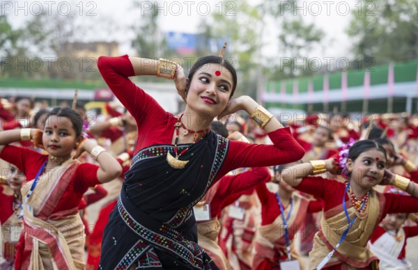 Participants with an instructor dance on the final day of a Bihu dance workshop ahead of Rongali Bihu Festival, in Guwahati, Assam, India on 12 April 2025