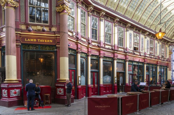 Historic covered shopping arcade Leadenhall Market, City of London, London, England, UK architect Sir Horace Jones 1881
