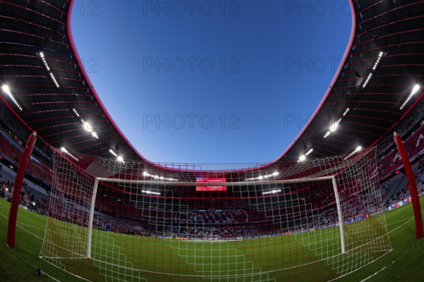 Overview, interior, floodlit match, behind-the-goal perspective, goal net, blue hour, fisheye shot, Champions League, Allianz Arena, Munich, Bavaria, Germany, Europe