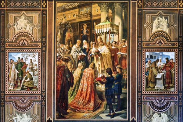 Left Foundation of the Villa regalis in Goslar in 1017 by Henry II, centre Coronation of Henry II in Rome in 1014, right Benno directs the construction of the imperial house in Goslar under Henry III, murals in the Goslar Imperial Hall by Hermann Wislicenus, Lower Saxony, Germany, Europe