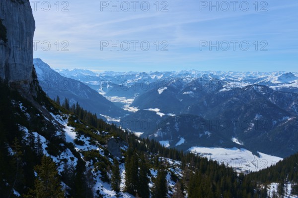 View of rugged mountains with snow and spruces, clear atmosphere, Steinplatte, Waidring, Tyrol, Austria, Europe
