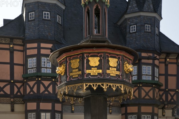 Benefactors' fountain with the town hall, Wernigerode, Harz, Saxony-Anhalt, Germany, Europe