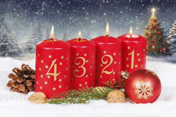 Fourth 4th Advent with candle Christmas Christmas tree Christmas card for Christmas time with copy space Copyspace in Stuttgart, Germany, Europe