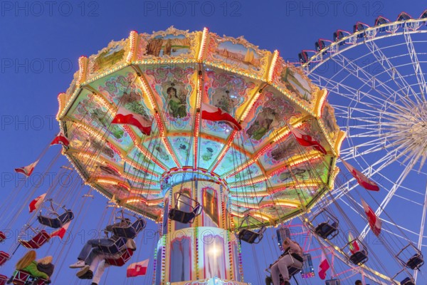 Illuminated carousel and Ferris wheel at night in a lively amusement park, funfair, wave flight, Cannstadter Volksfest, Stuttgart-Bad Cannstsdt, Baden-Württemberg