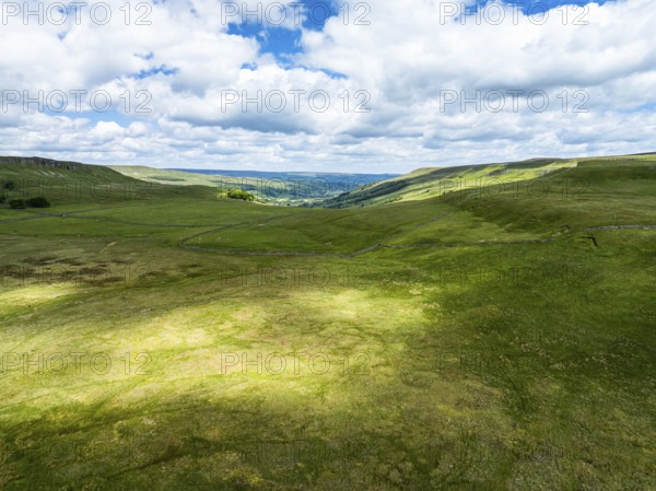 Meadows and Hills over Wharfedale from a drone, Cray, Skipton, Yorkshire Dales, North Yorkshire, England, United Kingdom, Europe
