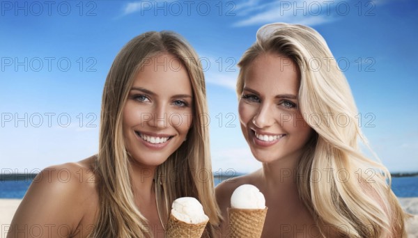 Two blonde woman enjoy eating an ice cream in a cone