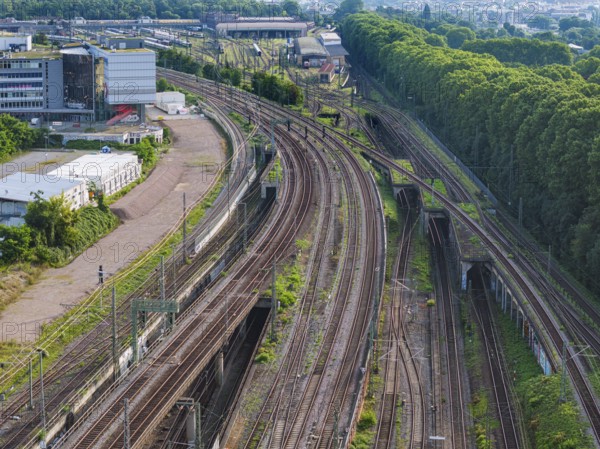 Track apron at Stuttgart main station. Once the Stuttgart 21 project is completed, the new Rosenstein neighbourhood with flats is to be built here. But the plan is faltering. Firstly, the connection of the Gäubahn railway to the new through station is unclear. Secondly, an amendment to the General Railway Act (AEG) could prevent the track system from being cancelled. Aerial view. Stuttgart, Baden-Württemberg, Germany, Europe