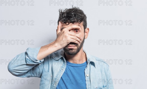 Person with irritated eyes. People with eye pain on isolated background, Person with conjunctivitis on isolated background, Close up of people with eye strain, man with irritated eye