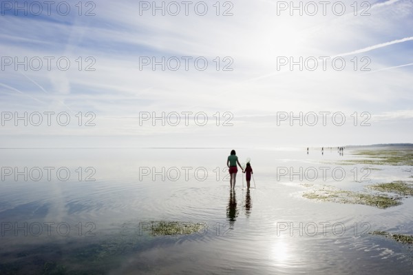 Woman with child walking through the mudflats, Wyk, Föhr, North Frisia, Schleswig-Holstein, Germany, Europe