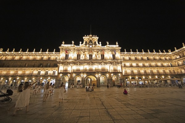 Illuminated town hall at Plaza Mayor at night, Salamanca, province of Salamanca, Castile and Leon, Spain, Europe