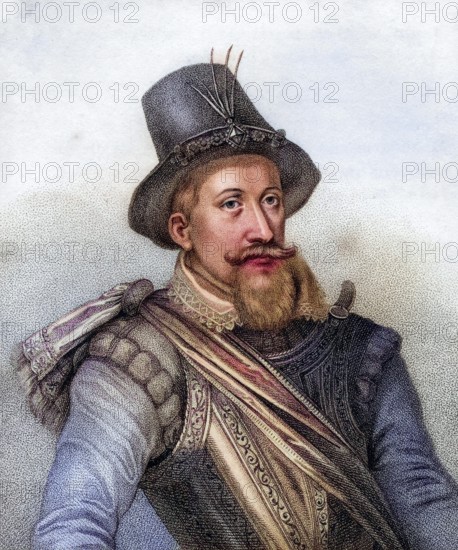 James I 1566-1625 König von Schottland als James VI von 1567 bis 1625 und erster Stuart-König von England von 1603 bis 1625, James I 1566-1625 King of Scotland as James VI from 1567 to 1625 and first Stuart king of England from 1603 to 1625 Engraved by Bocquet from the book A Catalogue of the Royal and Noble Authors published 1806, Historisch, digital restaurierte Reproduktion von einer Vorlage aus dem 19. century, Record date not stated