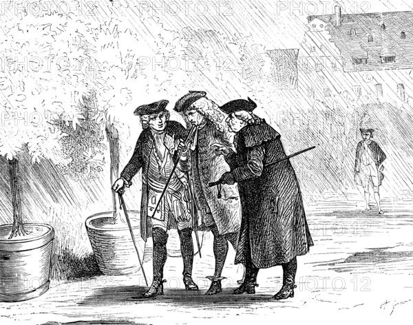 The King's favourites, General von Grumbkow (left), Gundling and Austrian envoy Count Seckendorf (right) in conversation, Prussian history, historical illustration 1882