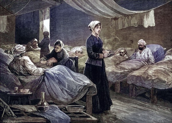 Florence Nightingale (12 May 1820 - 13 August 1910) was a British nurse, statistician, founder of modern western nursing, in the barrack hospital at Scutari during the Crimean War (1853-56), Wood engraving c1880., Historic, digitally restored reproduction from a 19th century original, Record date not stated
