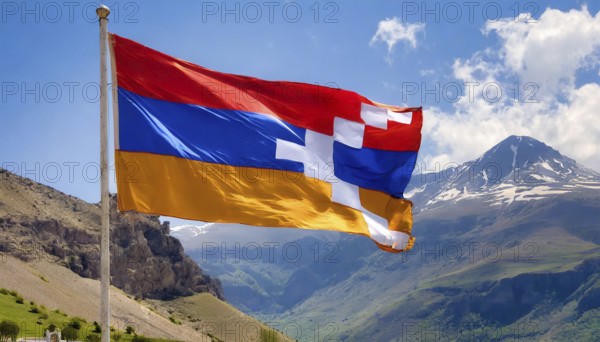 The flag of Nagorno-Karabakh flutters in the wind