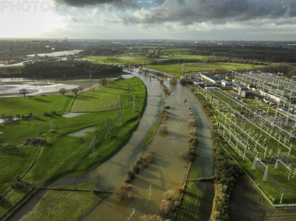 Wesel, North Rhine-Westphalia, Germany, flood on the Lippe, river in the Ruhr area, right Amprion substation Niederrhein, Europe