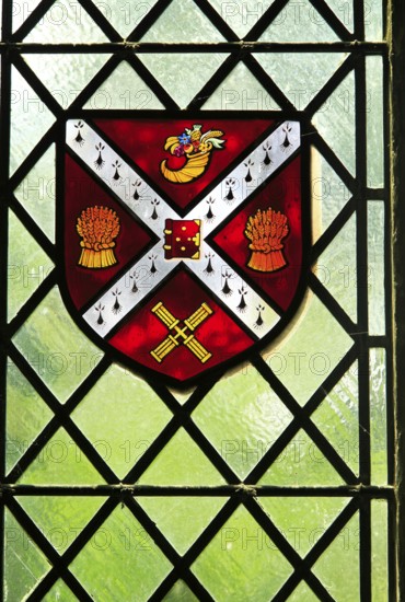 Stained glass heraldry picture, Ely cathedral, Cambridgeshire, England, UK