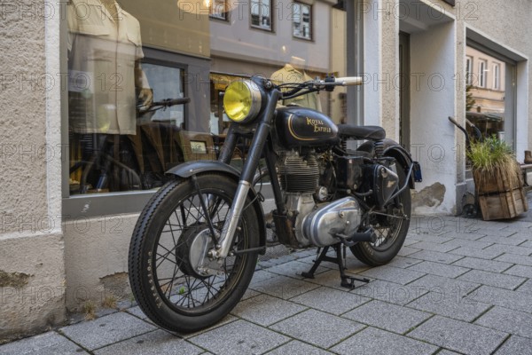 Vintage motorbike from the Indian motorbike manufacturer Royal Enfield in the old town of Ulm, Baden-Württemberg, Germany, Europe