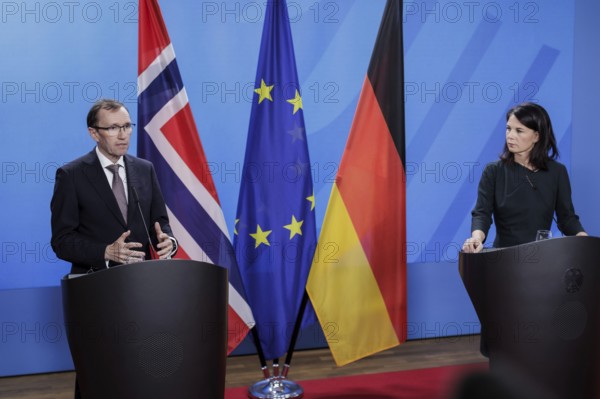 Espen Barth Eide, Minister of Foreign Affairs of the Kingdom of Norway, and Annalena Bärbock (Alliance 90/The Greens), Federal Foreign Minister, photographed during a joint press conference in Berlin, 14 March 2024. Photographed on behalf of the Federal Foreign Office