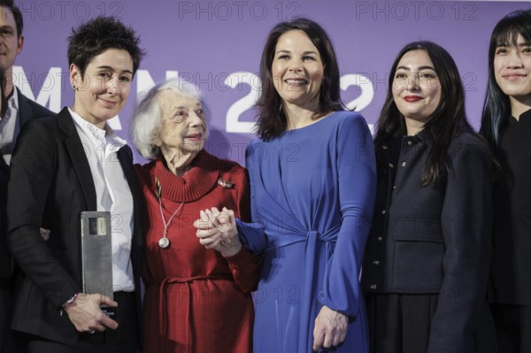 (L-R) Dunja Hayali, journalist and TV presenter, Margot Friedländer, Holocaust survivor, Annalena Bärbock (Alliance 90/The Greens), Federal Foreign Minister, and Reem Alabali-Radovan, Minister of State in the Federal Chancellery, Commissioner for Integration and Anti-Racism, pictured at the DSI Talisman Award ceremony in Berlin, 12 March 2024.With the Talisman Award, the Deutschlandstiftung Integration honours people who have rendered outstanding services to the cohesion of our society through their commitment. Photographed on behalf of the Federal Foreign Office