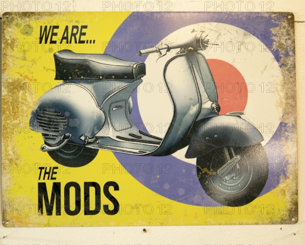 We are the Mods motorcycle scooter 1960s metal sign, Marlesford Mill, Suffolk, England, UK