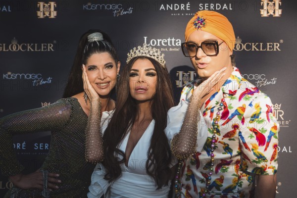 Micaela shepherd, Kader Loth and Julian F.M. Stöckel at the first Fashion Night with Harald Glööckler for his new fashion collection Teuber by HARALD GLÖÖCKLER at Loretta am Wannsee in Berlin on 28 June 2024