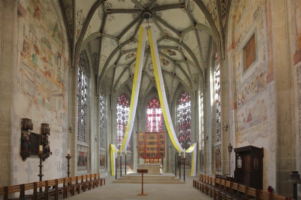 UNESCO Romanesque Church of St Mary and St Mark, interior view, chancel with high altar and stained glass window, banner, cathedral, Mittelzell, Reichenau Island, Untersee, Lake Constance, Lake Constance region, Baden-Württemberg, Germany, Europe