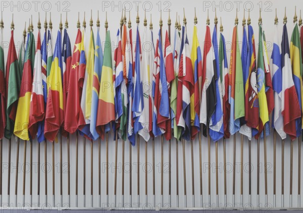 Flags in front of the courtroom at the International Tribunal for the Law of the Sea during the Foreign Minister's trip to Germany in Hamburg, 26 July 2024. /