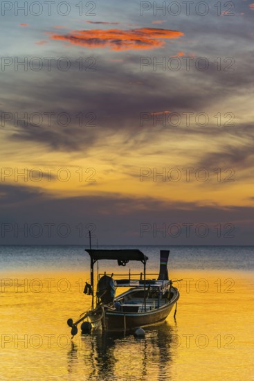 Longtail boat in sunset, sunset, horizon, evening light, boat, sun, evening mood, cloudy sky, colourful, orange, wooden boat, sea, calm, tranquillity, emotion, journey, holiday, beach, tourism, holiday mood, holiday paradise, paradise, evening sky, romantic, cloud, sky, dream holiday, coast, wanderlust, seascape, seascape, serenity, mood, symbolic, dusk, silhouette, light, weather, climate, Thailand, Asia