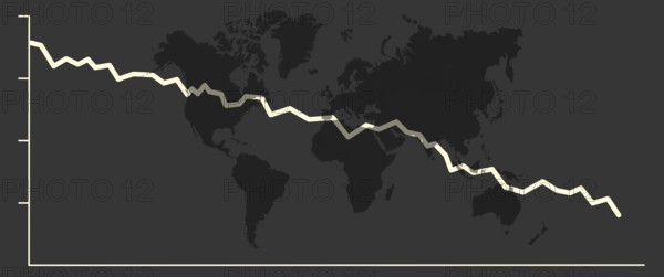 Illustration with falling share price and a world map symbolising a declining (world) economy