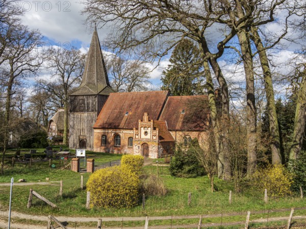 Early spring at the church of Modlich, located a the Elbe cycle route between Domitz and Lenzen, Germany, Europe