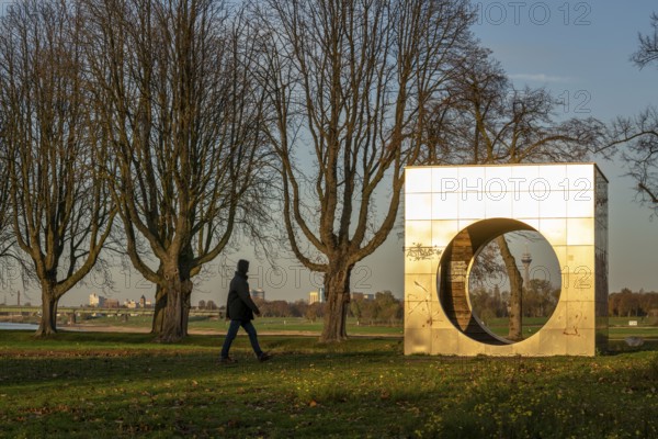 Rheinpark Neuss, cube structure as a recreation area, built as part of Euroga 2002plus, view of the Rhine Tower in Düsseldorf, North Rhine-Westphalia, Germany, Europe
