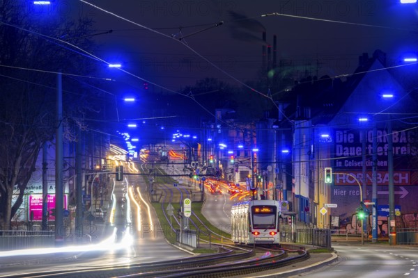 The Blue Ribbon, a light installation along Kurt-Schumacher-Straße, in Gelsenkirchen Schalke, 2.7 km long, organised by the Schalker Markt Foundation, North Rhine-Westphalia, Germany, Europe