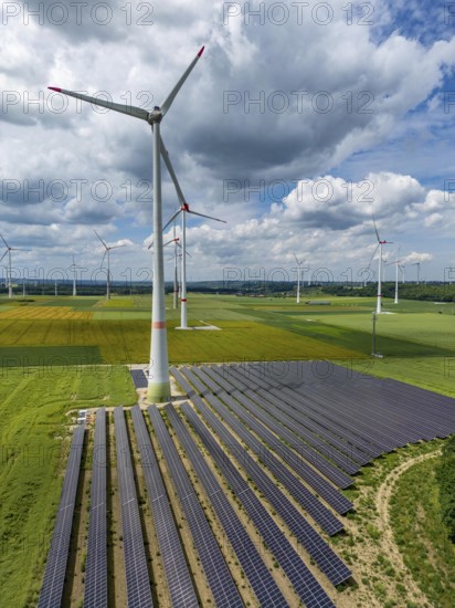 Wind farm near Marsberg, photovoltaic system, utilisation of land for renewable energies, Hochsauerlandkreis, North Rhine-Westphalia, Germany, Europe