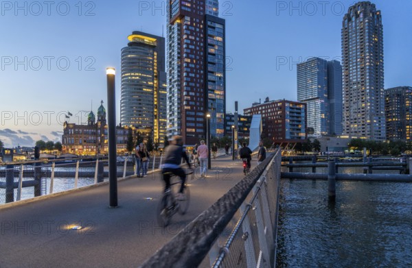 High-rise buildings at Kop van Zuid, at the Rijnhaven harbour basin, Rijnhavenbrug, bridge, Hotel New York, Rotterdam, Netherlands