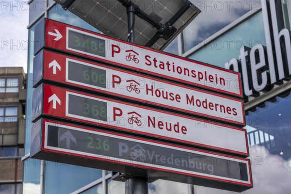 Display board, bicycle car park at Utrecht Centraal Central Station, Stationsplein, 3 underground floors, over 13, 000 parking spaces, considered the largest bicycle car park in the world, Utrecht, Netherlands