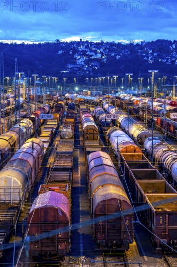 The Hagen-Vorhalle marshalling yard, one of the 9 largest in Germany, is located on the Wuppertal-Dortmund railway line and has 40 directional tracks on which goods trains are assembled, in the evening, North Rhine-Westphalia, Germany, Europe