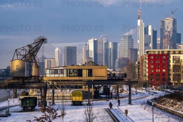 The skyline of Frankfurt am Main, skyscrapers of the banking district, historic harbour cranes at the Wesel shipyard, wintry morning, Hesse, Germany, Europe