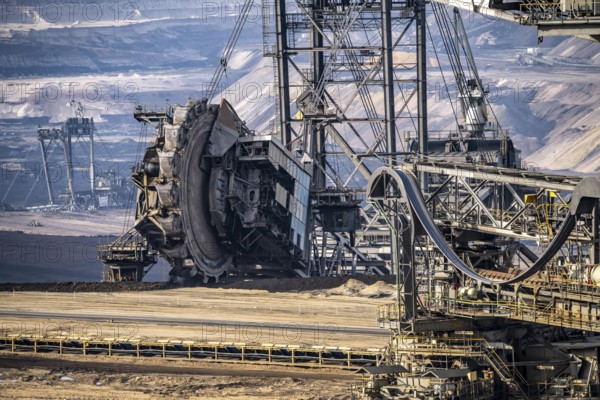 Lignite opencast mine Garzweiler, bucket wheel excavator mining overburden, coal, near Jüchen, North Rhine-Westphalia, Germany, Europe