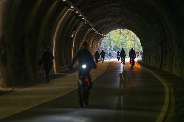 The Nordbahntrasse, a cycle path, footpath, on a former 22 KM long railway line, along the west-east axis of Wuppertal, on the northern slope, with many tunnels, viaducts and views of the city, tunnel passage, Wuppertal, North Rhine-Westphalia, Germany, Europe