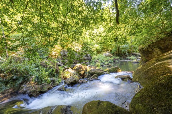 The Irrel Waterfalls, rapids in the lower course of the Prüm between Prümzurlay and Irrel, in the Eifel district of Bitburg-Prüm, Rhineland-Palatinate. Germany