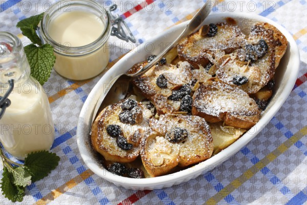 Swabian cuisine, Ofenschlupfer, sweet main course or dessert, dessert, sweet dish, typical Swabian, classic, from the oven, casserole, leftovers, rolls with sultanas, apples, gratinated, vanilla sauce, icing sugar, prepared, home cooking, traditional cuisine, food photography, studio, Germany, Europe